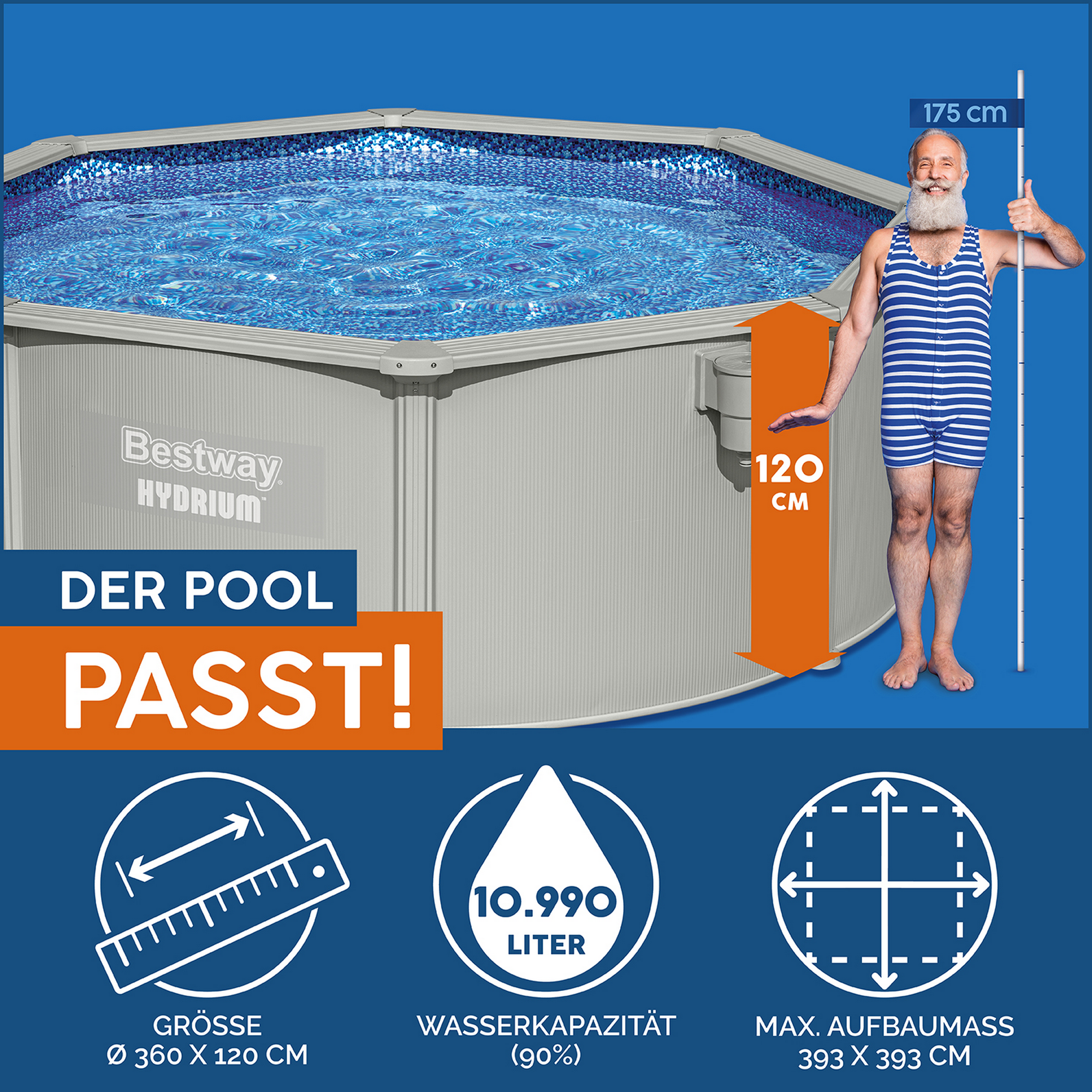 Stahlwandpool-Set 'Hydrium' Ø 360 x 120 cm mit Sicherheitsleiter und Sandfilteranlage