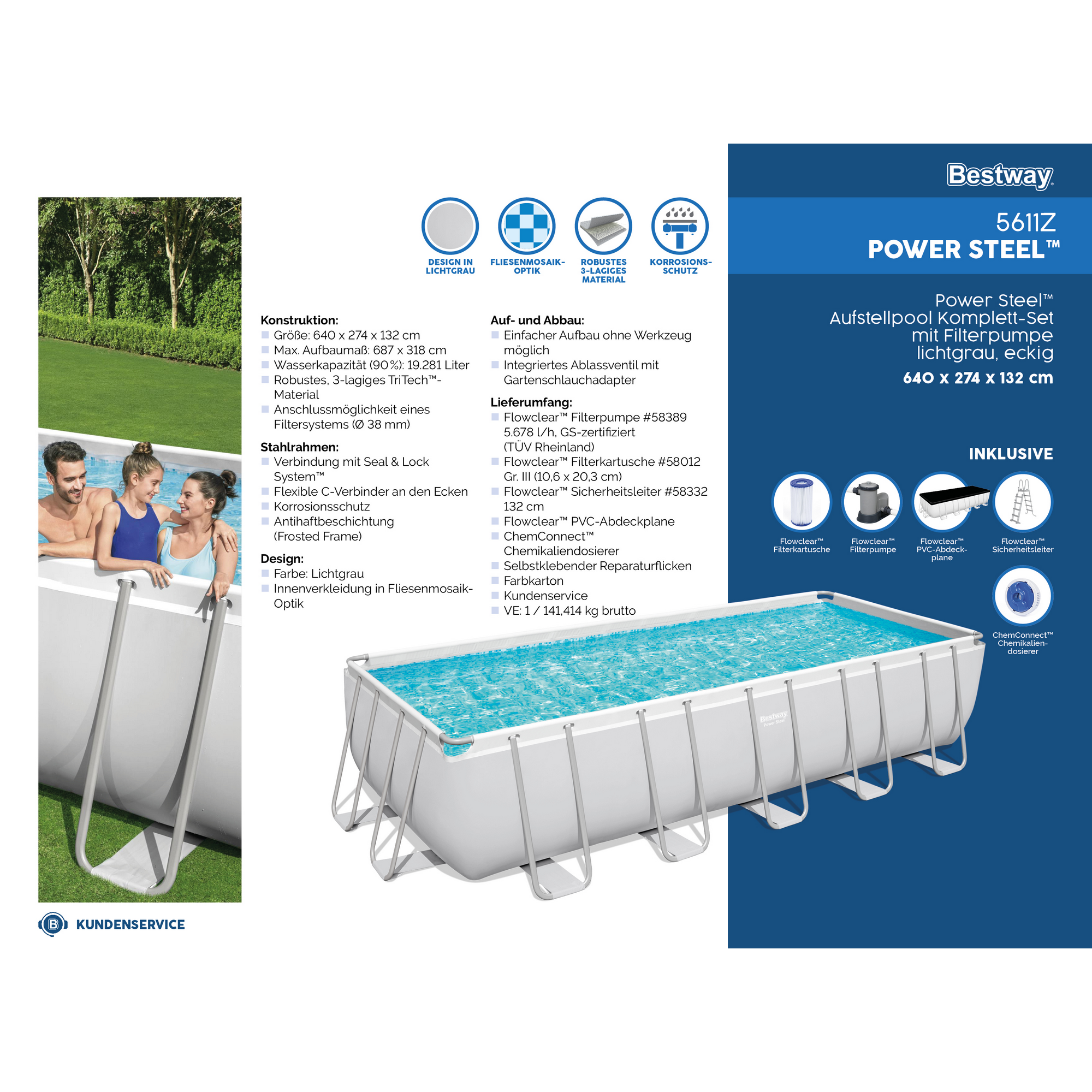 Frame-Pool-Set 'Power Steel' 640 x 274 x 132 cm mit Sicherheitsleiter und Kartuschenfilter